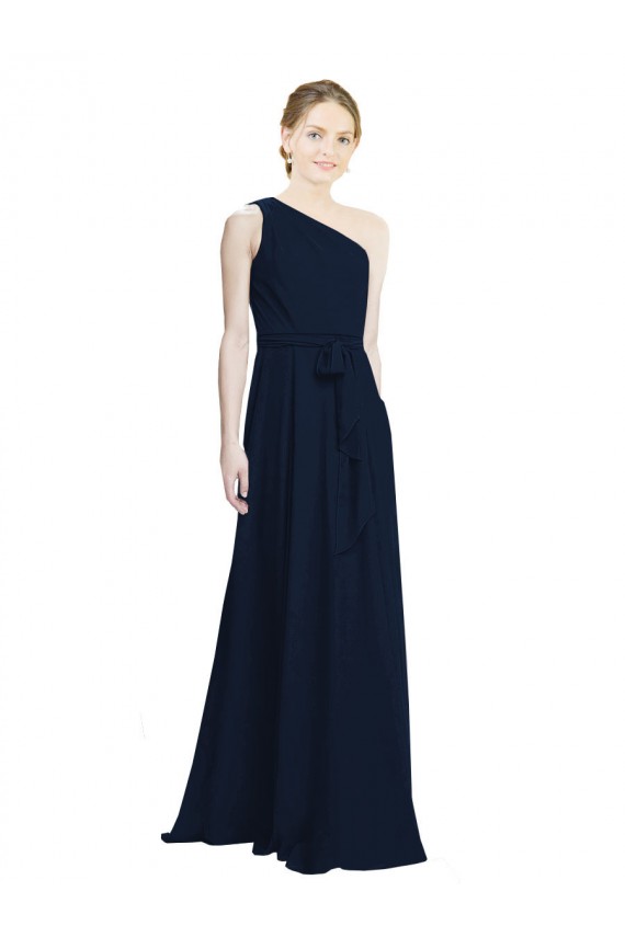 Dunkelmarine A-Linien Eine-Schulter Chiffon Lange Brautjungfernkleider Kaufen