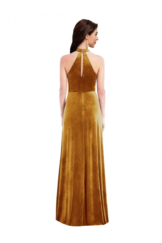 Gold Trompete Neckholder Stehkragen Ausschnitt Stretch-Samt Lange Brautjungfernkleider / Abiballkleider Kaufen