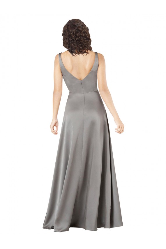 Pearl Grey A-Linien V-Ausschnitt Seidiger Satin Lange Formale Brautjungfernkleider / Abendkleider / Abiballkleider Kaufen