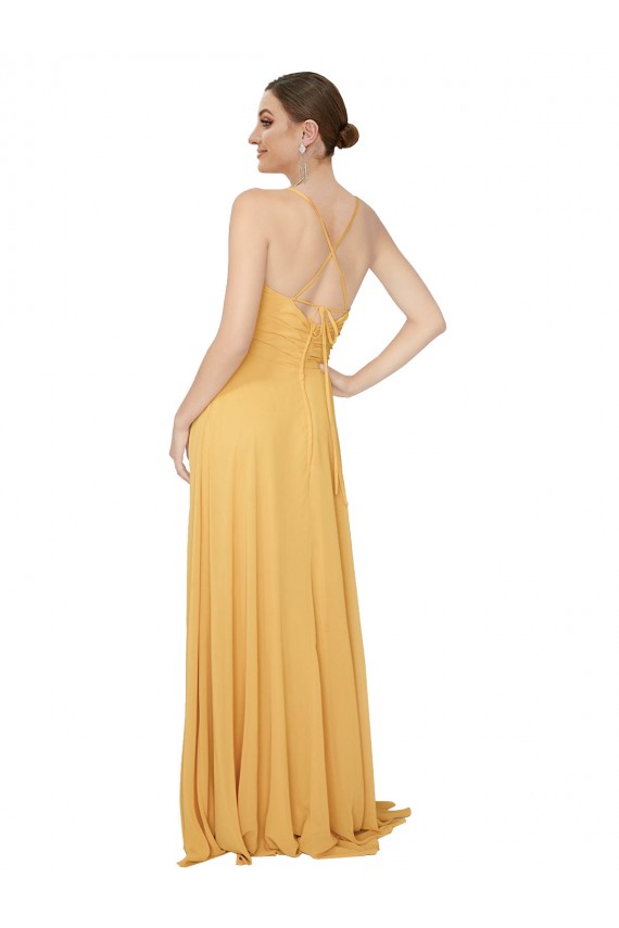 Safran A-Linien V-Ausschnitt Chiffon Lange Brautjungfernkleider Kaufen